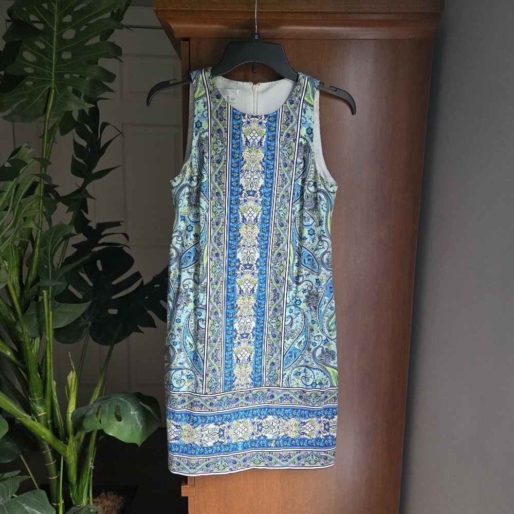 London Times Green and Blue Sleeveless Sheath Dress